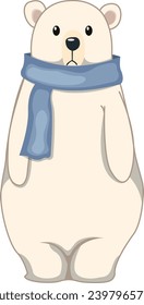 Polar bear with a scarf. Vector isolated polar bear wearing a blue scarf. Funny and winter bear with a scarf, cartoon white character.