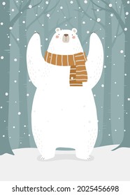Polar bear with scarf in the winter forest. Cartoon style hand drawn vector illustration. For greeting card, poster, web banner, etc. 