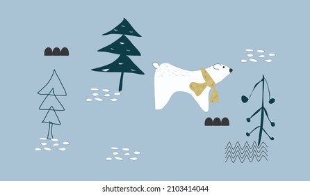 Eisbär mit Schal, Kiefern, Schnee.handgezeichnet.
Vektorgrafik. print.eps10.