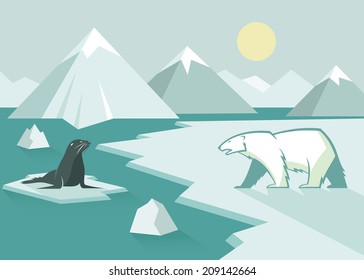 Polar bear and seal - flat design - vector illustration