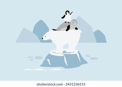 Oso polar, foca y pingüino en el iceberg derretido ilustración vectorial