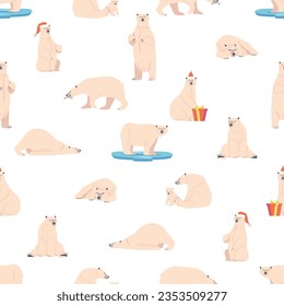 Polar Bear Seamless Pattern, Adorable Wild Animal Motifs Arranged In A Continuous Design, Vector Illustration