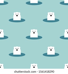 Polar bear seamless pattern. 
Arctic northern bear peeps out of ice-free hole. Cartoon. Vector
