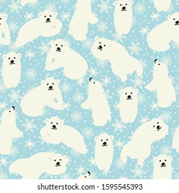 Polar bear seamless pattern. Winter vector illustration with white bear, snow, stars, snowflakes.