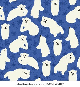 Polar bear seamless pattern. Winter vector illustration with white bear, snow, stars, snowflakes.