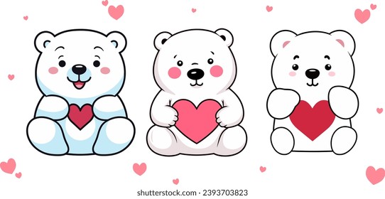 Polar Bear Set Collection: Adorable Animal Compositions with Bears and Hearts in Flat Style for Valentine’s Day
