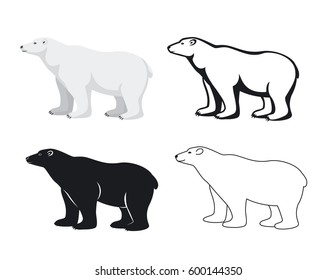 polar bear set in color, silhouette, contour and line style