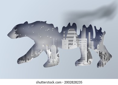 Polar Bear Shape Curve Melting Ice Design Paper Art In Air Pollution Global Warming World Concept. Global Pollution Problem. Too Hot. The Threat Extinction Of Rare Animals. Landscape United States 