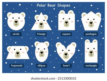 Polar bear shapes for kids funny poster. Learning basic geometric shapes with cute arctic character for preschool. Circle, square, triangle, rectangle and more. Vector illustration