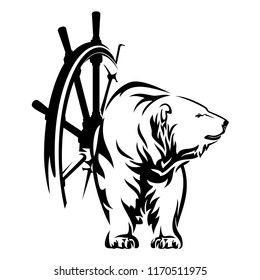 polar bear and ship steering wheel black and white vector design - sea adventure concept