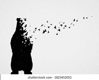 Polar bear silhouette, flying birds. Endangered animal. Life and death. Wildlife protection concept. Metaphor black and white art poster. Vector illustration for prints, t-shirts