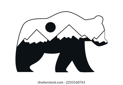 Polar bear silhouette. Forest animal with mountain patterns. Symbol of travel, trip and adventure. Nature, fauna and wild life. Dangerous predator and mammal. Cartoon flat vector illustration