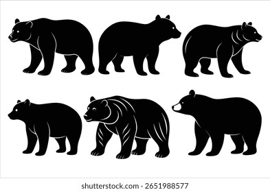 Polar bear silhouettes set,  Grizzly bear standing black silhouette logo vector design, Black bear standing icon vector art illustration graphic, Bear wildlife Art and illustration