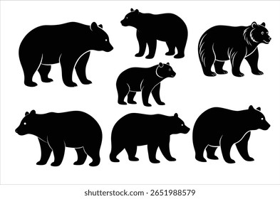 Polar bear silhouettes set,  Grizzly bear standing black silhouette logo vector design, Black bear standing icon vector art illustration graphic, Bear wildlife Art and illustration