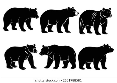 Polar bear silhouettes set,  Grizzly bear standing black silhouette logo vector design, Black bear standing icon vector art illustration graphic, Bear wildlife Art and illustration