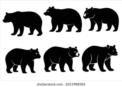 Polar bear silhouettes set,  Grizzly bear standing black silhouette logo vector design, Black bear standing icon vector art illustration graphic, Bear wildlife Art and illustration