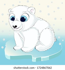 A polar bear sits on a fragment of an iceberg. Blue-eyed Teddy Bear. Snowflakes are falling around. Vector illustration.