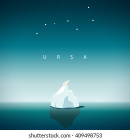 Polar bear sits on the iceberg and looks at the constellation URSA major