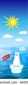 Polar bear sits on an iceberg. Arctic. The bear asks for help. Global warming. Melting glaciers. Ecology. Vector. EPS10.