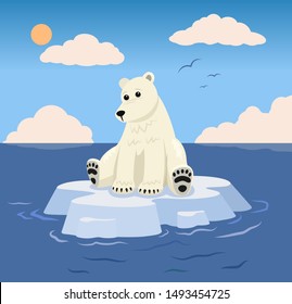 A polar bear sits on top of a melting iceberg looking sad.