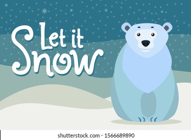 Polar bear sitting alone on snowy ground. Northern big mammal sit near let it snow caption, greeting with winter. Arctic wild animal closeup cartoon drawing. Vector illustration in flat style