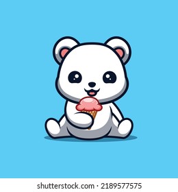 Polar Bear Sitting Eating Ice Cream Cute Creative Kawaii Cartoon Mascot Logo