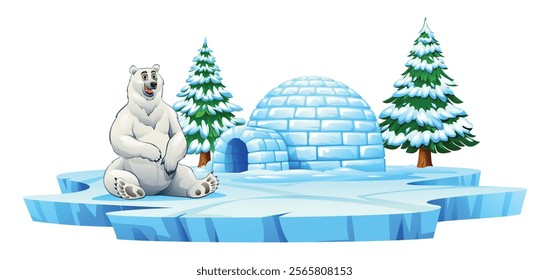 Polar bear sitting near an igloo and snowy pine trees on an icy platform. Vector cartoon illustration