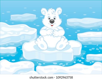 Polar bear sitting on a drifting ice floe in an arctic sea, vector illustration in a cartoon style