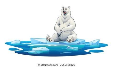 Polar bear sitting on a floating ice block surrounded by icy waters. Vector cartoon illustration