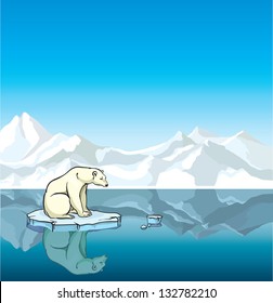 Polar bear sitting on a melting ice in a sea. Global warming.