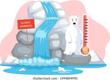 Polar bear sitting on melting ice in sea at North pole Arctic. Global warming concept. Increasing earth temperature. Polar bear extinction. Melting of north pole flat scenery on cartoon background