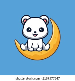 Polar Bear Sitting On Moon Cute Creative Kawaii Cartoon Mascot Logo