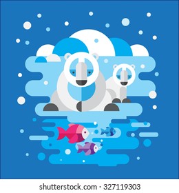 Polar bear sitting teaching his son fishing