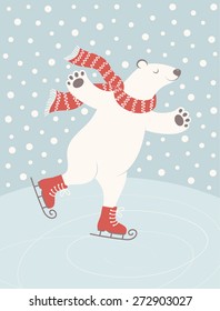 The polar bear with skates on the ice. Vector background.