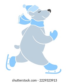 Polar bear skating in ice skates wearing a hat, scarf, and mittens