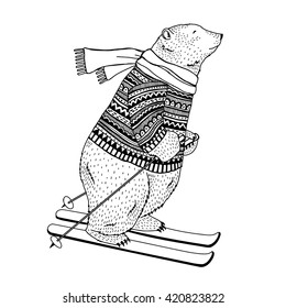 polar bear skier, decorative animal illustration, silkscreen print