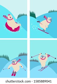 Polar bear is skiing and sliding down a slope on snow tube. Charming sporty and strong animal wears scarf and cap has fun. Set of vector postcards with character in flat style. 