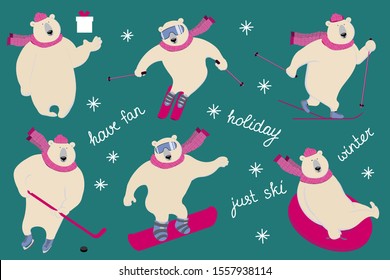 Polar bear is skiing, snowboarding, snow tubing, playing to ice hockey. Charming sporty and strong animal wears scarf, cap and ski goggles. Set with character in flat style. Can be used as mascot