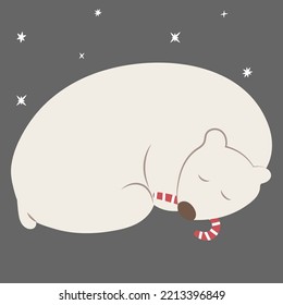 Polar bear sleep with candy cane under stars sky on grey background. festive clip art for Christmas or new year card