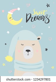 Polar bear is sleep, sweet dreams winter vector illustration for the design of cards, packaging, clothes