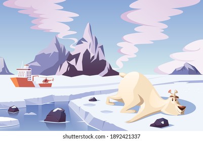 Polar bear slide on Arctic ice and icebreaker in background