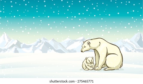 Polar bear with small baby on a winter landscape background. Vector illustration.