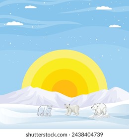 Polar bear in snow mountains with bright sun and blue sky illustration