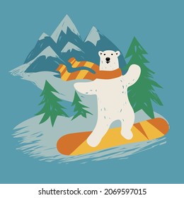 Polar bear snowboarding down the mountains. Vector illustration