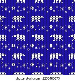 textura de punto de oso polar y copos de nieve, patrón sin soldadura, ilustración vectorial