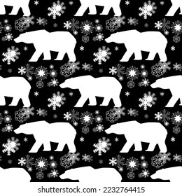 Oso polar y copos de nieve, patrón sin soldadura, ilustración vectorial