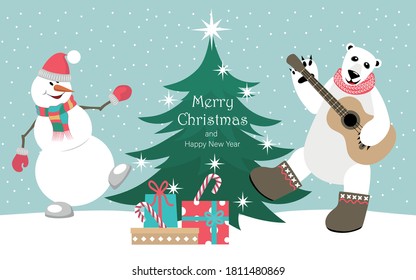 The polar bear and the snowman are dancing near the Christmas tree. Background for covers, banners, flyers, splash screens, postcards. Merry Christmas and New Year.