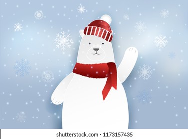Polar bear and snowy with snowflake paper art style Christmas holiday background, paper craft illustration