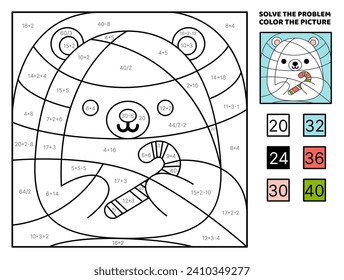 Oso polar. Resuelva el problema, coloree la imagen. Squishmallow. Adición, sustracción, multiplicación, división. Libro de colorear. Kawaii, dibujos animados, vecto