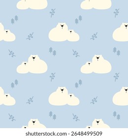 Polar bear and son cartoon so cute. On tree light blue background. Pattern seamless vector illustration. 